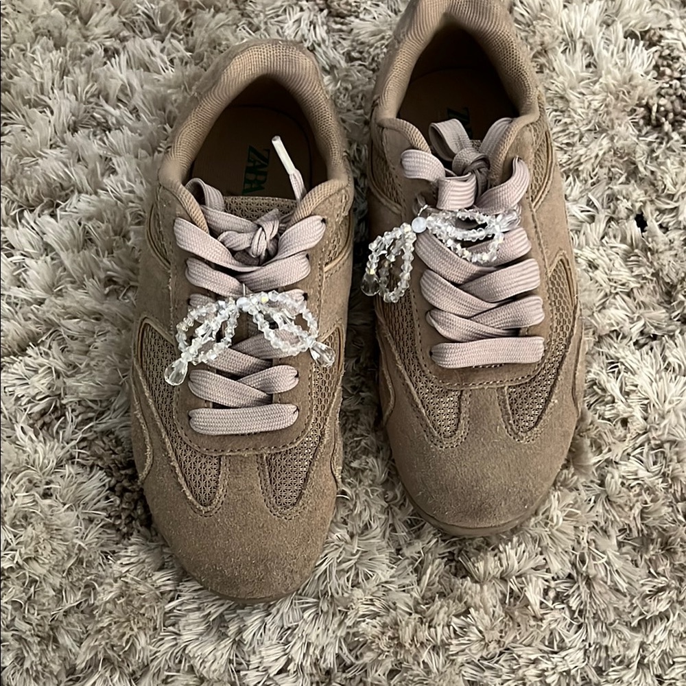 Tan Suede Sneakers with tan lace and charm appliqué